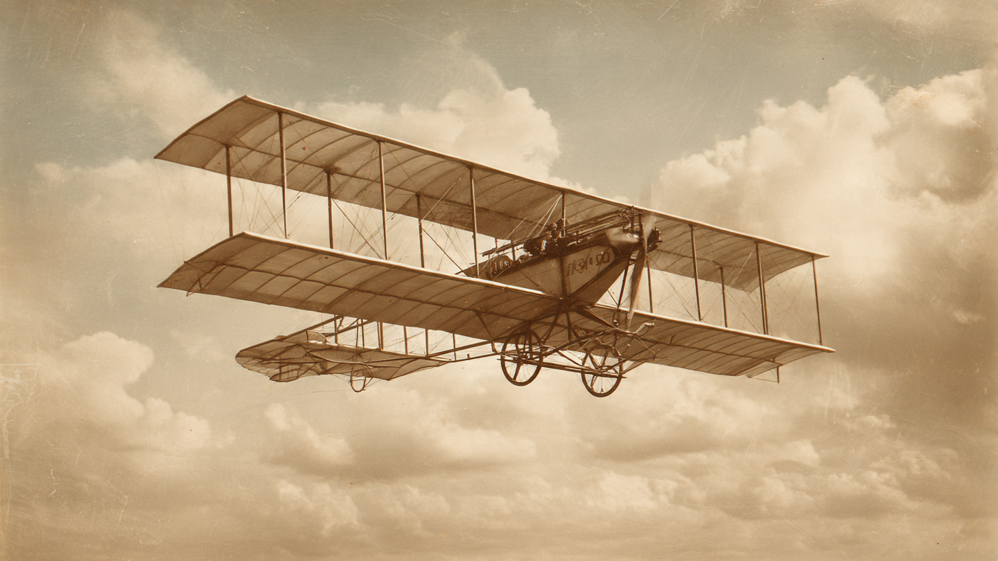 Vintage biplane in dramatic sky